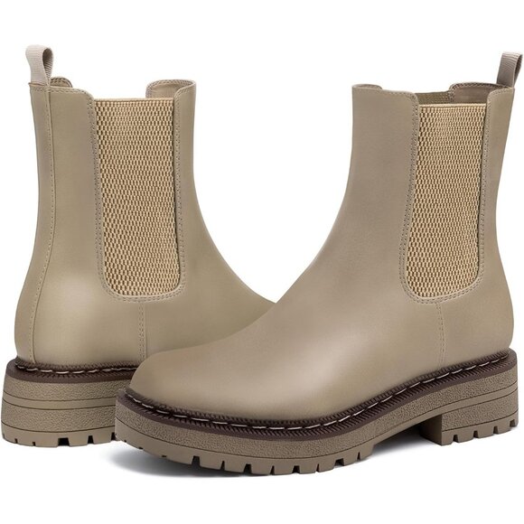 Athlefit Women Khaki Chelsea Wedge Platform Slip on Lug Sole Elastic Ankle Boot - Picture 4 of 6